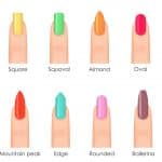 Nails shape icons set. Types of fashion bright colour nail shapes collection. Fashion nails type trends. Beauty spa salon colorful woman fingernails set
